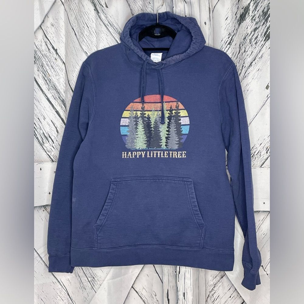 Bob Ross Happy Little Trees Hoodie Sweatshirt Navy Rainbow Size M